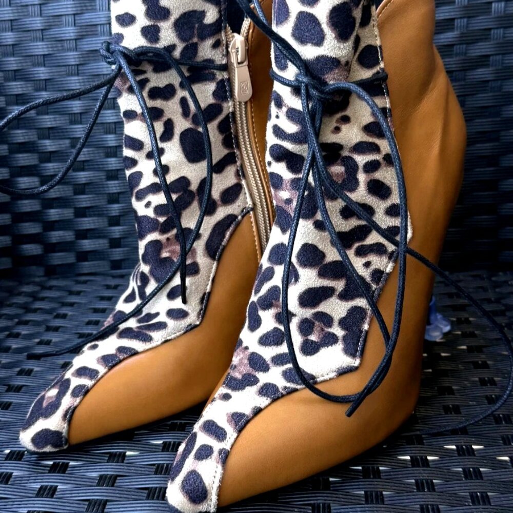 Women's Lace Ankle Boots Leopard Print High Stiletto Heels Zipper EU 38 US 7.5-8 - Picture 4 of 16